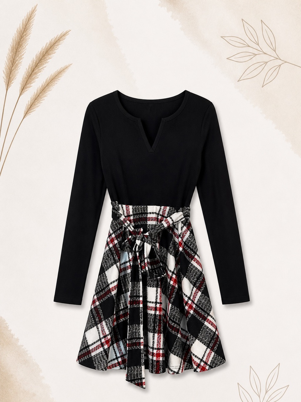Cupshe Black Plaid Fit & Flare Dress NWT Size Medium Long Sleeve Tie Waist